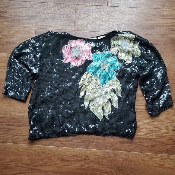 Black Floral Sequin Top - Picture 1 of 5
